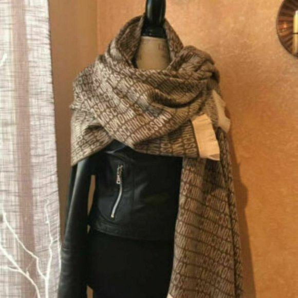 Moschino Logo Wool Scarf Shawl Women's Brown - Picture 2 of 10